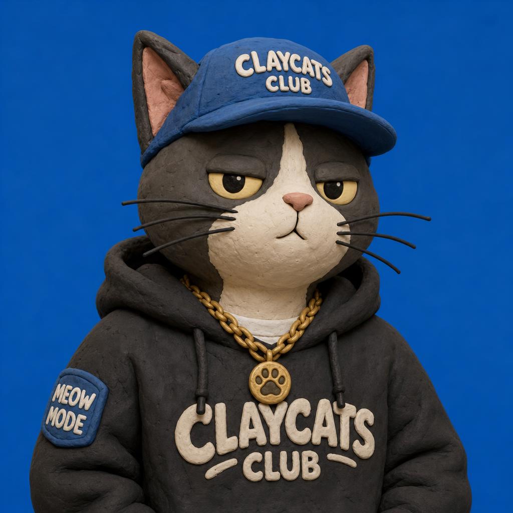A Clay Cat in a ClayCats Club cap and hoodie
